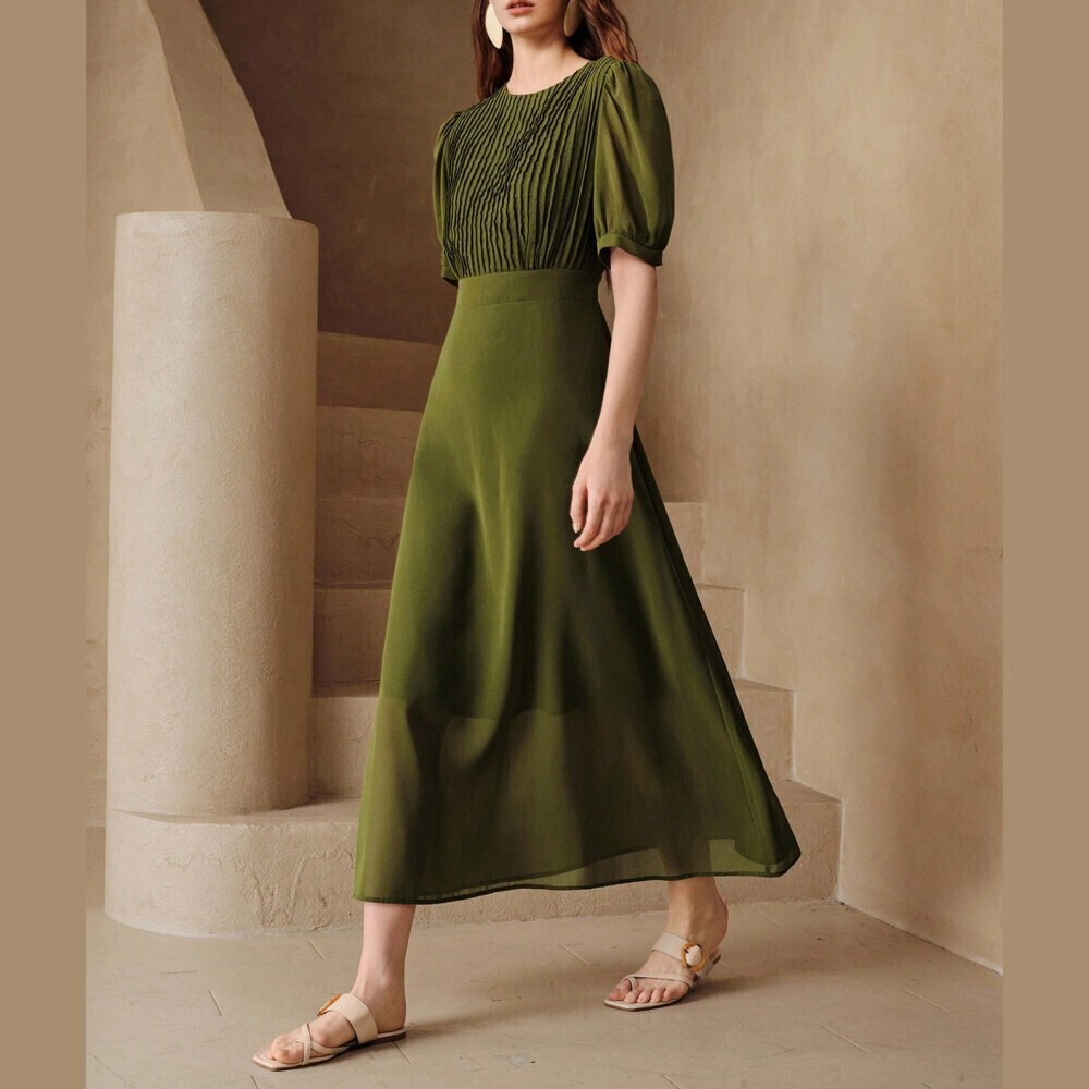 Dark Kelly Green Pintuck Puff Sleeve Maxi Dress - Picture 6 of 7
